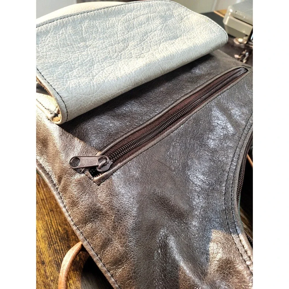 Vintag Asymmetrical Earth Tone Colorblock Distressed Patchwork Leather Crossbody